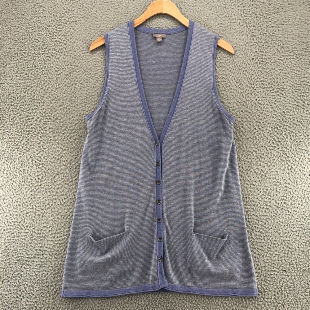 J Jill Sweater Womens Medium Blue Striped Knit Vest Button Cardigan Sleeveless